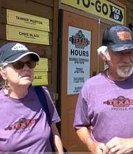 Retired couple, Mike and Judy McNama, are traveling across America to eat at different Texas Roadhouse restaurants.
Mandatory Credit:	WLKY via CNN Newsource