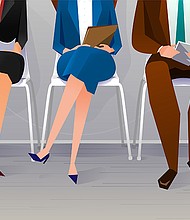 Human resources interview recruitment. Job concept. People sitting on the chairs at the office. Vector illustration