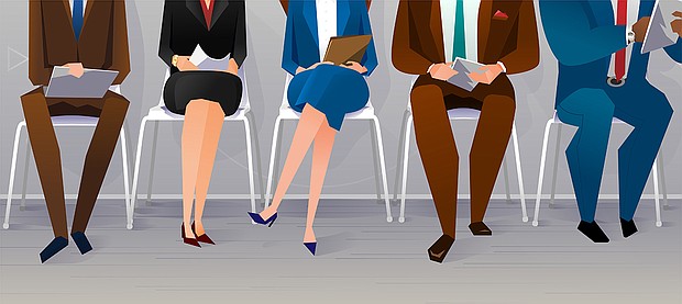 Human resources interview recruitment. Job concept. People sitting on the chairs at the office. Vector illustration