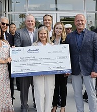 (left to right) Erin Antrim, CEO, Boys & Girls Clubs of Greater Oxnard and Port Hueneme, Mayor John C. Zaragoza, mayor, City of Oxnard, Chad Filiault, General Manager, Western Region Sales, Hyundai Motor America, Angie Alexander, Dealer Principal, Alexander Hyundai of Oxnard, Robert Alexander, Owner, Alexander Hyundai of Oxnard, Katie Kemp, Owner, Alexander Hyundai of Oxnard, Michael Orange, Executive Director, Western Region Sales & Vehicle Operations, Hyundai Motor America, Brandon Ramirez, Director of Corporate Social Responsibility, Hyundai Motor America in Oxnard, Calif. on July 11, 2024. (Photo/Hyundai)