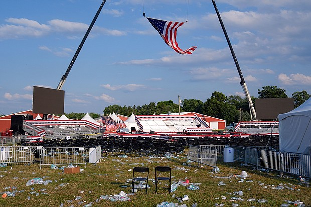 A campaign rally site for former President Donald Trump is empty and littered with debris Saturday, July 13, in Butler, Pennsylvania.
Mandatory Credit:	Evan Vucci/AP via CNN Newsource