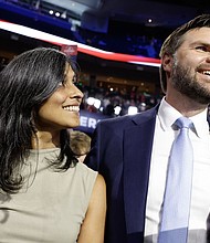 US Sen. JD Vance (R-OH) and his wife, Usha Vance, look on as he is nominated for the office of vice president on the first day of the Republican National Convention.
Mandatory Credit:	Anna Moneymaker/Getty Images via CNN Newsource