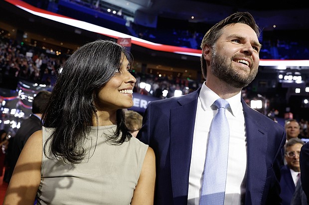 US Sen. JD Vance (R-OH) and his wife, Usha Vance, look on as he is nominated for the office of vice president on the first day of the Republican National Convention.
Mandatory Credit:	Anna Moneymaker/Getty Images via CNN Newsource