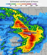 Radar estimates show how much rain fell from Tuesday night through Wednesday morning in Arkansas and the surrounding area.
Mandatory Credit:	CNN Weather via CNN Newsource