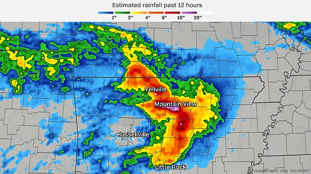 Radar estimates show how much rain fell from Tuesday night through Wednesday morning in Arkansas and the surrounding area.
Mandatory Credit:	CNN Weather via CNN Newsource