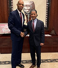TSU President J.W. Crawford III (left) and Houston Style Magazine Publisher Francis Page Jr. (right) celebrate a momentous $5 million donation, marking TSU's entry into the elite group of HBCUs with endowments exceeding $100 million. This significant milestone heralds a new era of growth and innovation under President Crawford’s visionary leadership.