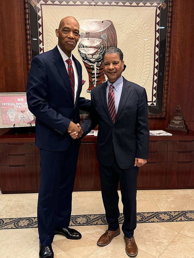 TSU President J.W. Crawford III (left) and Houston Style Magazine Publisher Francis Page Jr. (right) celebrate a momentous $5 million donation, marking TSU's entry into the elite group of HBCUs with endowments exceeding $100 million. This significant milestone heralds a new era of growth and innovation under President Crawford’s visionary leadership.
