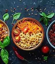 Transform the concept of nutrition innovation into a visually compelling aerial scene Feature a mix of trendy health foods, innovative cooking techniques, and futuristic food products arranged artistically from a birds-eye view, creating a captivating and modern composition