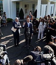 Senate Majority Leader Chuck Schumer and House Minority Leader Hakeem Jeffries will soon endorse Kamala Harris in her presidential bid according to sources, and both are pictured with reporters at the White House in May 2023.
Mandatory Credit:	Jonathan Ernst/Reuters via CNN Newsource