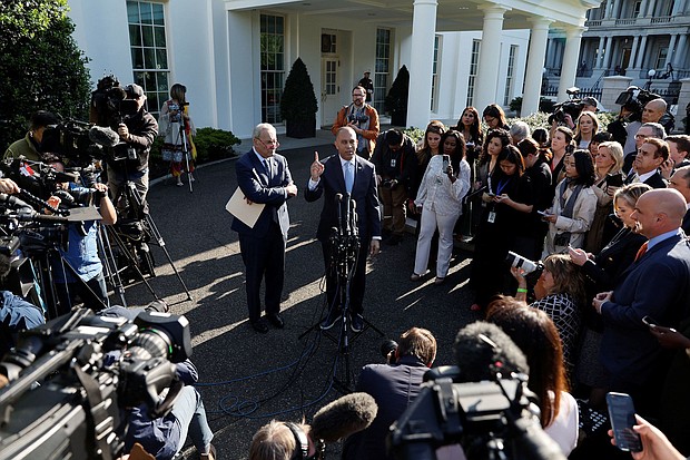 Senate Majority Leader Chuck Schumer and House Minority Leader Hakeem Jeffries will soon endorse Kamala Harris in her presidential bid according to sources, and both are pictured with reporters at the White House in May 2023.
Mandatory Credit:	Jonathan Ernst/Reuters via CNN Newsource