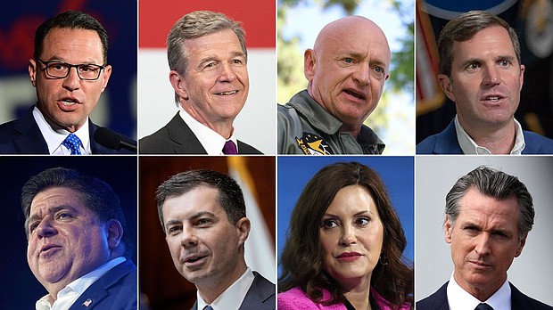 Pennsylvania Gov. Josh Shapiro, North Carolina Gov. Roy Cooper, Arizona Sen. Mark Kelly, Kentucky Gov. Andy Beshear, Illinois Gov. JB Pritzker, Secretary of Transportation Pete Buttigieg, Michigan Gov. Gretchen Whitmer and California Gov. Gavin Newsom.
Mandatory Credit:	Getty Images via CNN Newsource