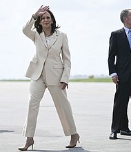 Vice President Kamala Harris arrives July 24 at Indianapolis International Airport. Harris was in Indianapolis to give a
keynote speech at Zeta Phi Beta Sorority’s Grand Boulé event.