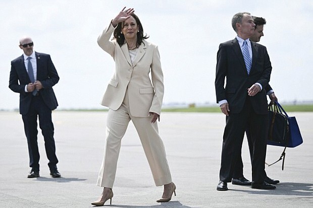 Vice President Kamala Harris arrives July 24 at Indianapolis International Airport. Harris was in Indianapolis to give a
keynote speech at Zeta Phi Beta Sorority’s Grand Boulé event.