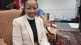The Rev. Dorothy Sanders Wells, a native of Mobile, Ala., sits on a stage at St. Andrew’s Episcopal School Campus in Ridgeland, Miss., Friday, July 19, before being formally installed as the first woman and first black person to hold the post of bishop of the Episcopal Diocese of Mississippi.