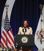 Vice President Kamala Harris speaks July 24 during the Zeta Phi Beta Sorority’s Grand Boulé in Indianapolis.