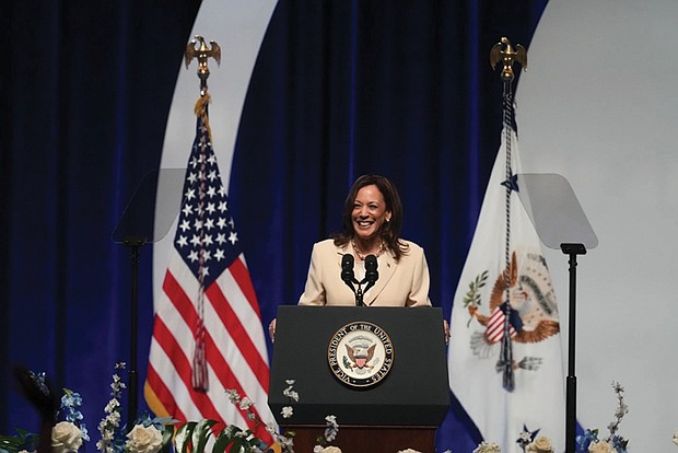 Vice President Kamala Harris speaks July 24 during the Zeta Phi Beta Sorority’s Grand Boulé in Indianapolis.