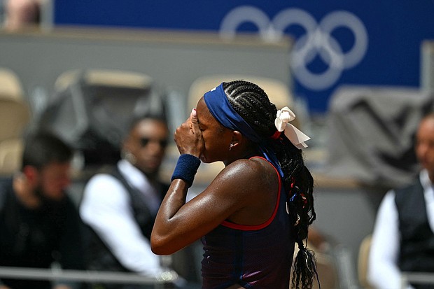 Coco Gauff reacts as a call goes against her at the Paris Olympics.
Mandatory Credit:	Patricia de Melo Moreira/AFP/Getty Images via CNN Newsource