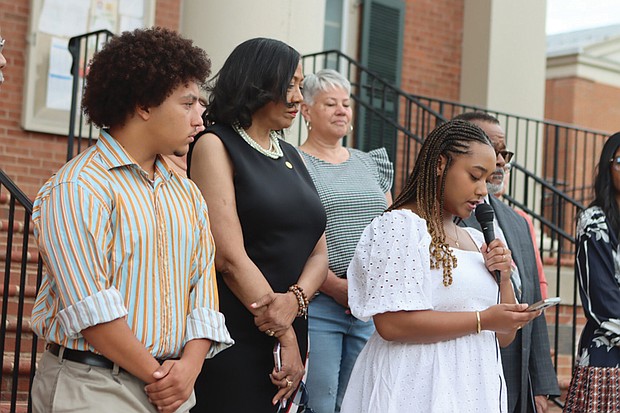 Briana Brown speaks June 11 in front of the Shenandoah County Circuit Court.