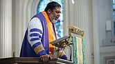 The Rev. William Barber II, co-chair of the Poor People’s Campaign and founder of Repairers of the Breach at St. Paul’s Episcopal Church on June 9 in Richmond.