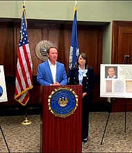 Louisiana Gov. Jeff Landry and Attorney General Liz Murrill presented several posters of the Ten Commandments that could soon be placed in the state’s public school classrooms.
Mandatory Credit:	Baton Rouge PD via CNN Newsource