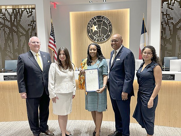 The Late Congresswoman Sheila Jackson Lee's daughter Erica Lee Carter with Harris County Commissioners Tom S. Ramsey, Lesley Briones, Rodney Ellis, and Harris County Judge Lina Hidalgo