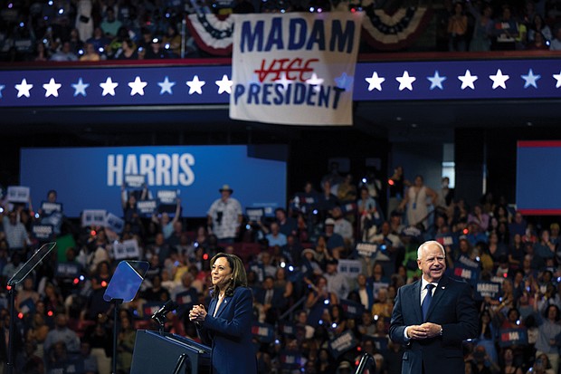Democratic presidential nominee Vice President Kamala Harris and her running mate, Minnesota Gov. Tim Walz, rally supporters at an Aug. 6 campaign event in Philadelphia.