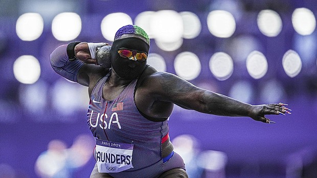 Raven Saunders in action during qualification in the women's shot put at the Paris Olympic Games.
Mandatory Credit:	Michael Kappeler/dpa/AP via CNN Newsource