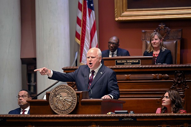 Minnesota Gov. Tim Walz speaks during the State of the State address in the house chambers of the Minnesota State Capitol in St. Paul, Minnesota, on April 19, 2023.
Mandatory Credit:	Aaron Lavinsky/Minneapolis Star Tribune/AP/File via CNN Newsource