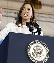 Vice President Kamala Harris speaks during a campaign rally at Detroit Metropolitan Airport in Romulus, Michigan, on August 7.
Mandatory Credit:	Jeff Kowalsky/AFP/Getty Images via CNN Newsource