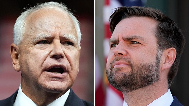 At left, Sen. JD Vance and, at right, Minnesota Gov. Tim Walz, are pictured.
Mandatory Credit:	AP/Getty Images via CNN Newsource