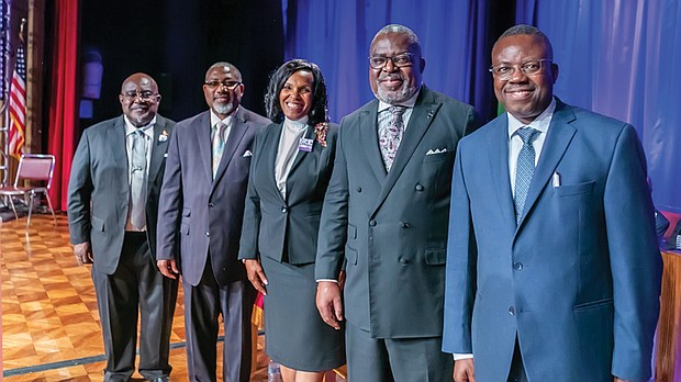 Bishop Daran Mitchell, left, Bishop Anthony Witherspoon, Bishop Melanie Miller, Bishop Dwayne Walker and Bishop Bernardo Ngunza were elected during the 52nd General Conference of the African Methodist Episcopal Zion Church in Greensboro, N.C.
