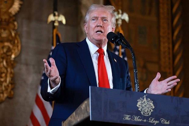 Republican presidential candidate former President Donald Trump speaks during a press conference at his Mar-a-Lago estate.
Mandatory Credit:	Joe Raedle/Getty Images via CNN Newsource