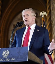 Former President Donald Trump, pictured speaking at his Mar-a-Lago resort in Palm Beach on August 8, is set to debate Vice President Kamala Harris on ABC on September 10.
Mandatory Credit:	Alex Brandon/AP via CNN Newsource