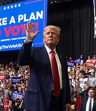 Former President Donald Trump gestures after speaking at a campaign rally in Bozeman, Montana, on August 9, 2024.
Mandatory Credit:	Rick Bowmer/AP via CNN Newsource