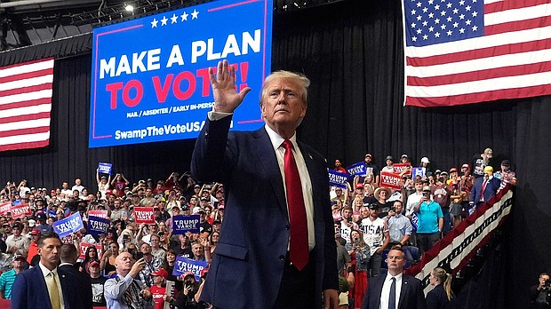 Former President Donald Trump gestures after speaking at a campaign rally in Bozeman, Montana, on August 9, 2024.
Mandatory Credit:	Rick Bowmer/AP via CNN Newsource