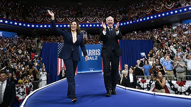 US Vice President Kamala Harris and her running mate Minnesota Gov. Tim Walz arrive to speak at Temple University's Liacouras Center in Philadelphia, Pennsylvania, August 6, 2024.
Mandatory Credit:	Brendan Smialowski/AFP/Getty Images via CNN Newsource