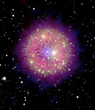 A composite image shows the remains of supernova SN 1181, a cataclysmic collision of two stars. The spherical nebula has at its center a hot white dwarf, or "zombie star," left behind after the likely merger.
Mandatory Credit:	NASA/ESA/USAF/NSF via CNN Newsource