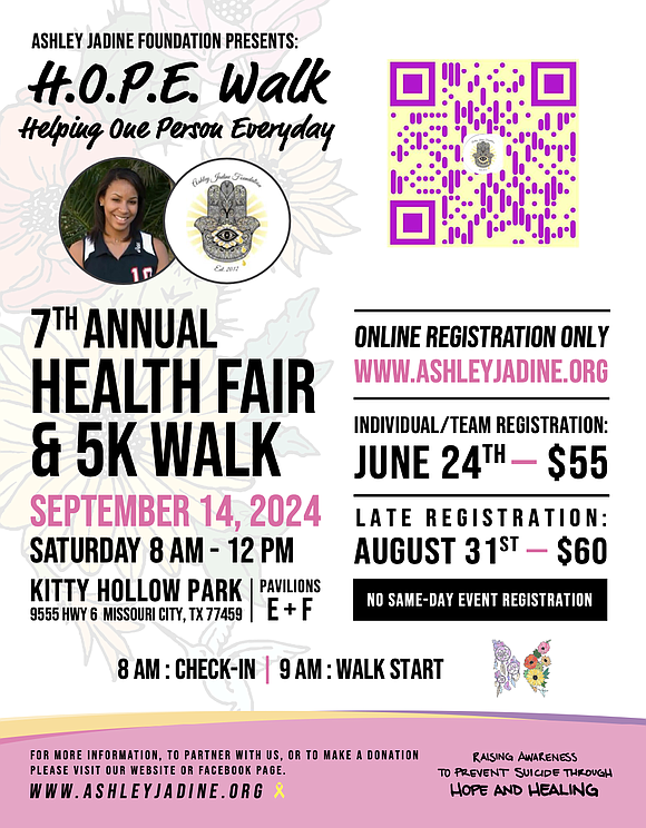 The Ashley Jadine Foundation (AJF) is proud to announce the 7th Annual H.O.P.E. 5K Walk and Health Fair, set to …