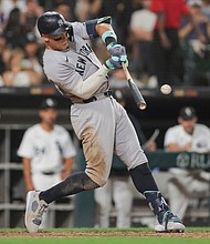 Judge, seen here hitting his career 300th homer, reached the milestone in his 955th career game.
Mandatory Credit:	Melissa Tamez/Icon Sportswire/AP via CNN Newsource
