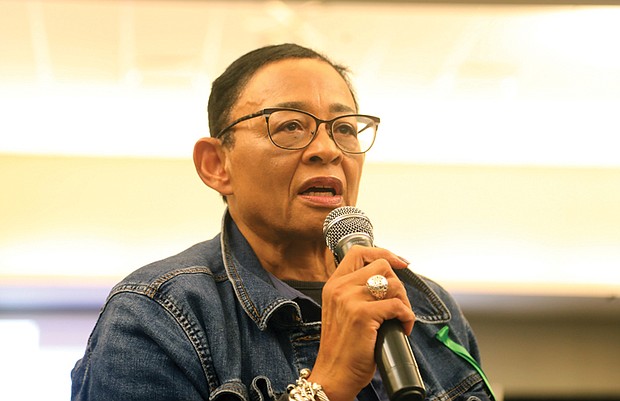 Viola Baskerville, co-organizer of the Save Richmond Community Hospital Group, spoke about VUU’s development plans Aug. 8 at a community meeting held at the school.