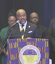 President David Peoples addresses the Progressive National Baptist Convention annual meeting Aug. 7 in New Orleans. Photo from video screen capture.