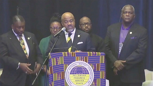 President David Peoples addresses the Progressive National Baptist Convention annual meeting Aug. 7 in New Orleans. Photo from video screen capture.