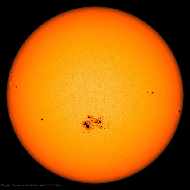 A cluster of sunspots appears on the surface of the sun on October 18, 2014.
Mandatory Credit:	NASA Goddard via CNN Newsource