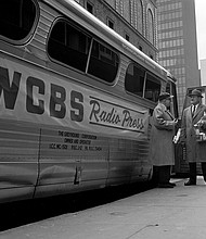 WCBS Radio press party bus headed for Yankee Stadium Opening Day between the New York Yankees and the Minnesota Twins.
Mandatory Credit:	CBS Photo Archive/Getty Images via CNN Newsource