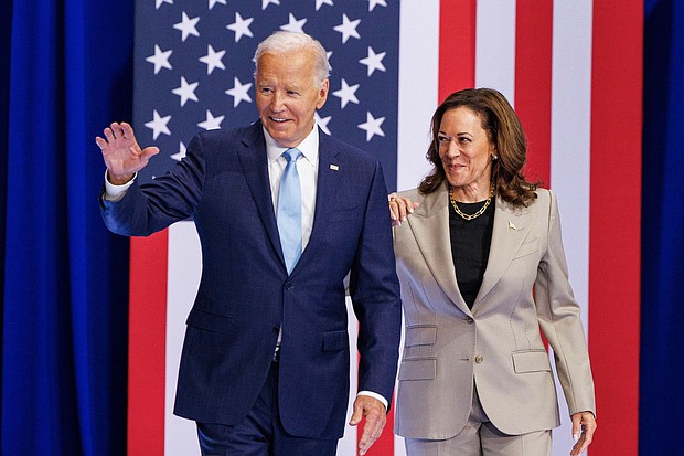 President Joe Biden, left, and US Vice President Kamala Harris are pictured during an event in Upper Marlboro, Maryland, on August 15.
Mandatory Credit:	Aaron Schwartz/Bloomberg/Getty Images via CNN Newsource