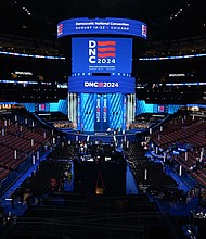Stage is set for the start of the Democratic National Convention in Chicago, on August 18.
Mandatory Credit:	Rebecca Wright/CNN via CNN Newsource
