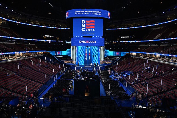 Stage is set for the start of the Democratic National Convention in Chicago, on August 18.
Mandatory Credit:	Rebecca Wright/CNN via CNN Newsource
