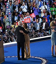 Presdient Joe Biden and Vice President Kamala Harris on stage at the end of the first night of the 2024 Democratic National Convention in Chicago on August 19.
Mandatory Credit:	Austin Steele/CNN via CNN Newsource