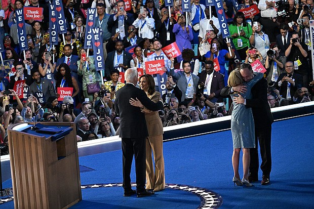 Presdient Joe Biden and Vice President Kamala Harris on stage at the end of the first night of the 2024 Democratic National Convention in Chicago on August 19.
Mandatory Credit:	Austin Steele/CNN via CNN Newsource