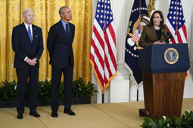 Obama and President Joe Biden listen as Harris speaks at the White House on April 5, 2022, about the Affordable Care Act.
Mandatory Credit:	Carolyn Kaster/AP via CNN Newsource